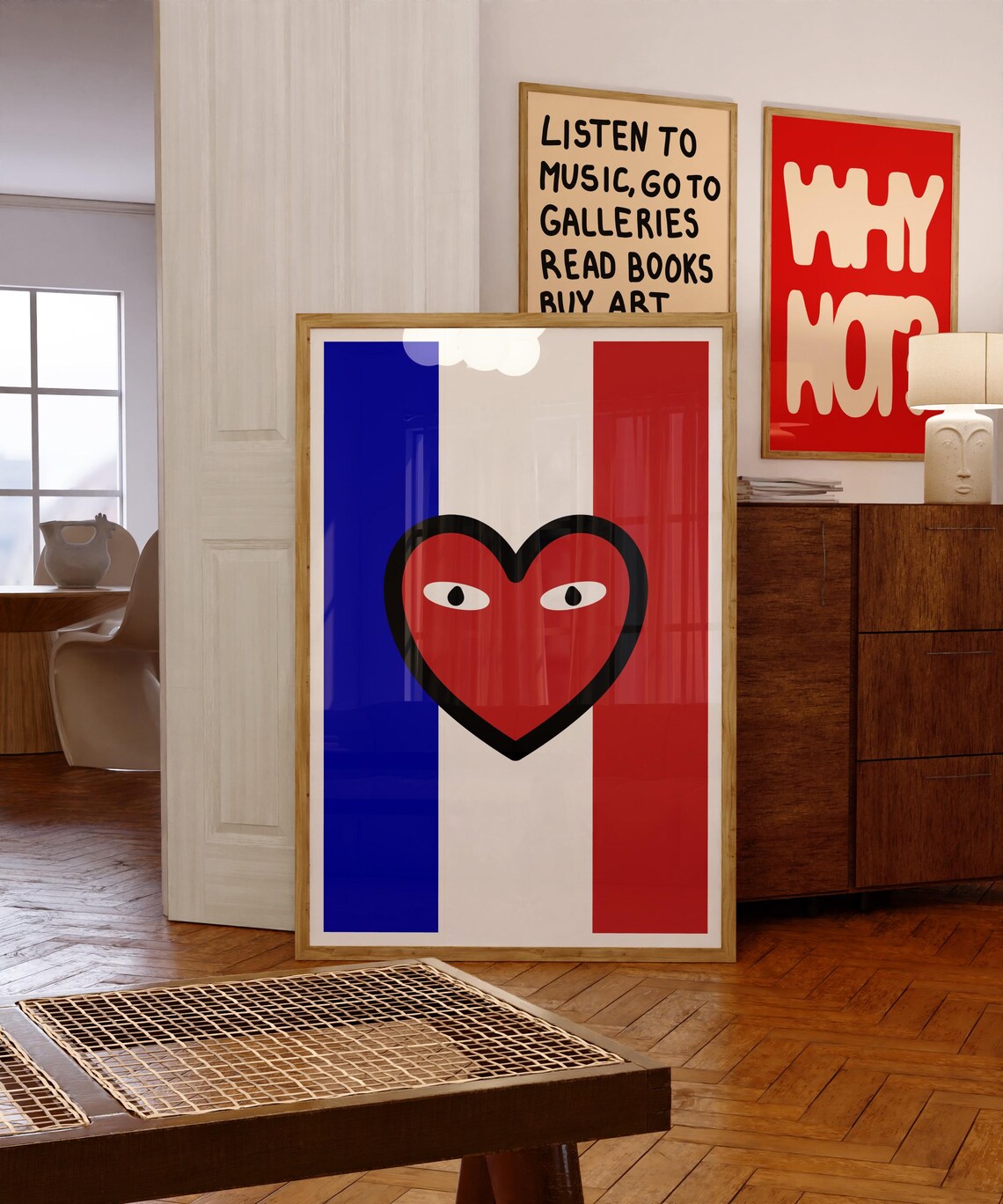 French Tricolor Heart With Eyes Minimal Modern Pop Art Poster