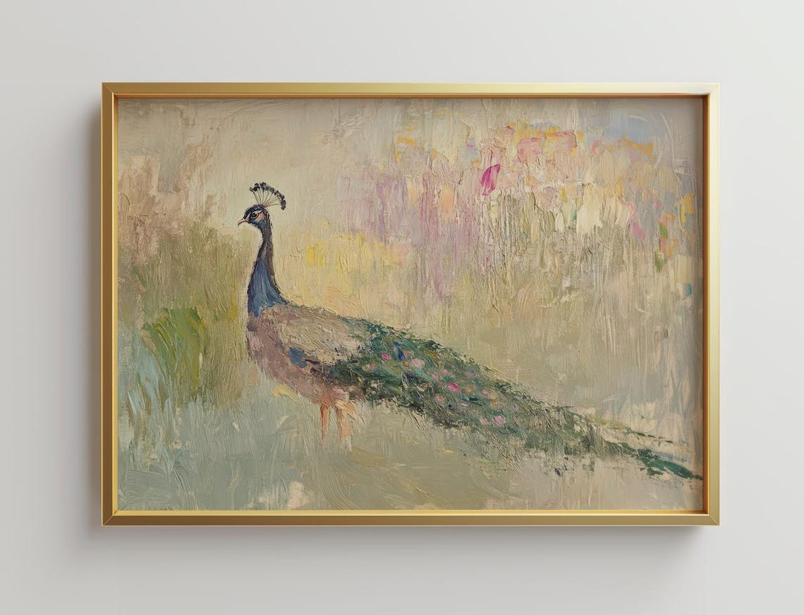 Peacock Impressionist Oil Painting Neutral Pastel Bird Art Poster