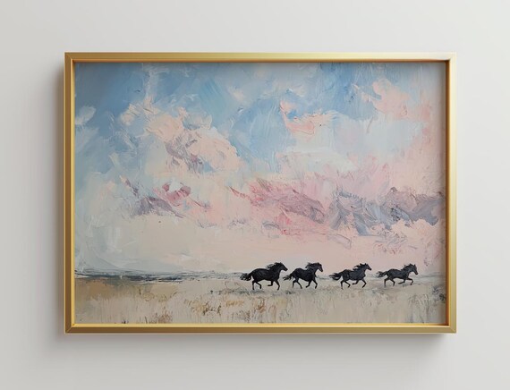 Framed Wild Stallions Sunset Art Print Neutral Landscape Wall Decor