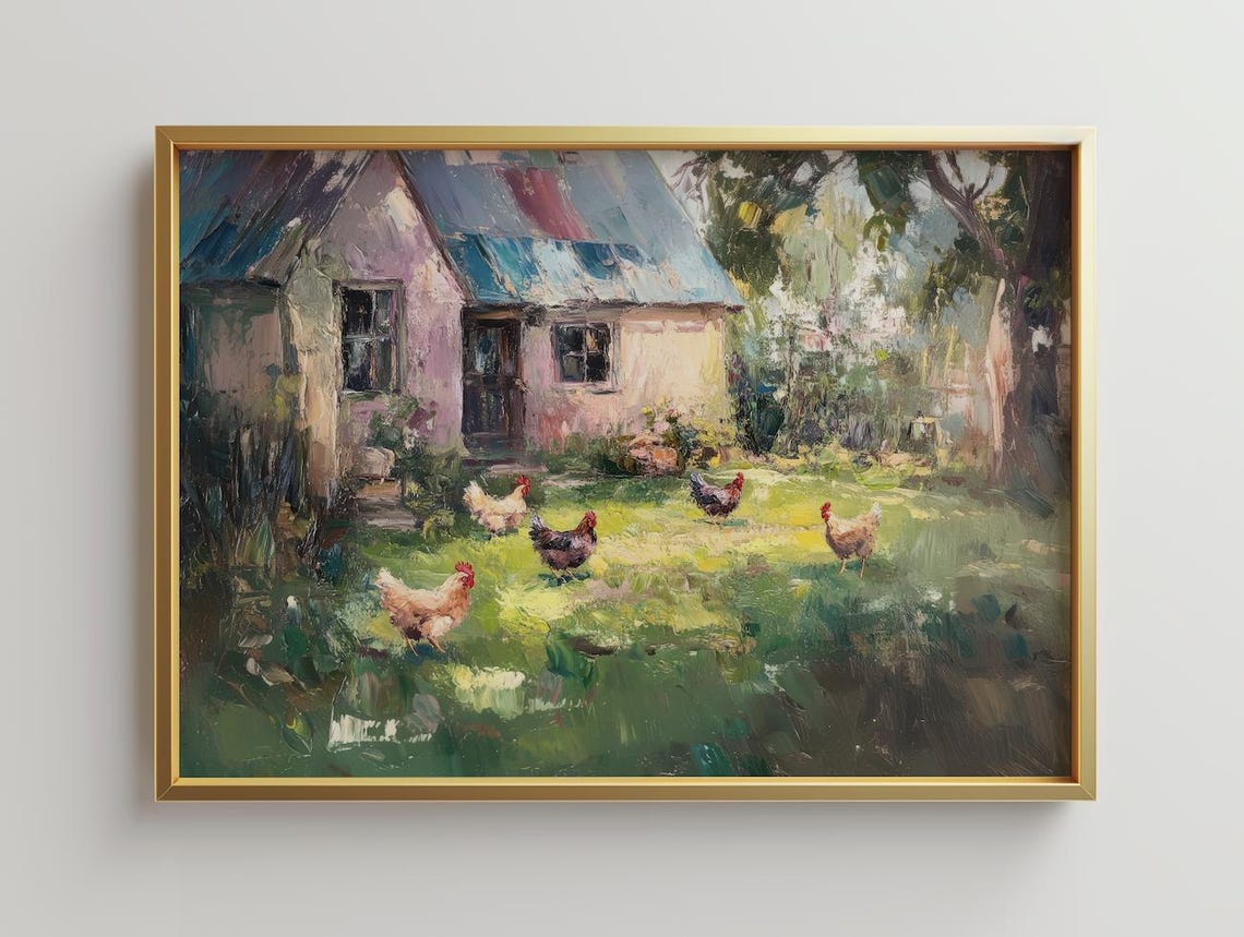 Chicken Art Print, Farmhouse Landscape