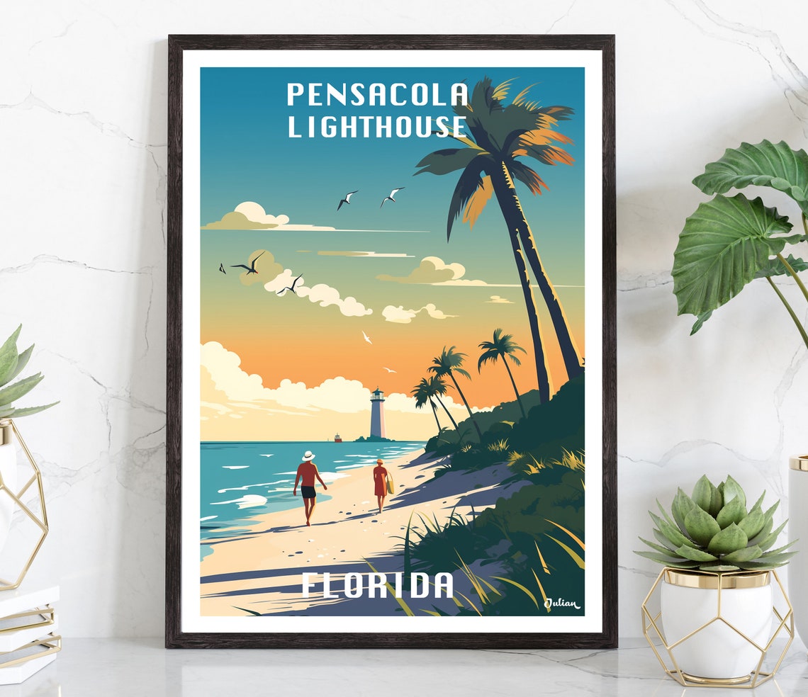 Pensacola Lighthouse Sunset Beach Stroll With Palms Travel Poster