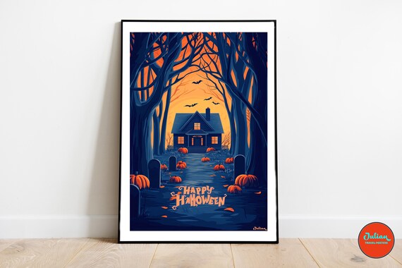 Happy Halloween Haunted House in a Spooky Tree Tunnel Poster