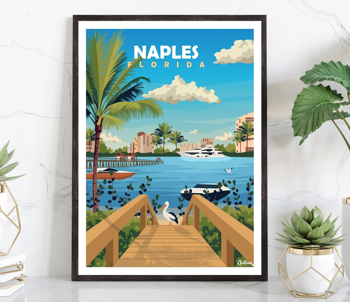 Naples Florida Wooden Boardwalk Pier Pelican and Yachts Poster