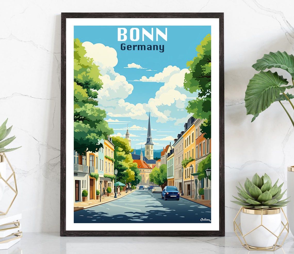 Bonn Germany Tree Lined Street Church Steeple Retro Travel Poster