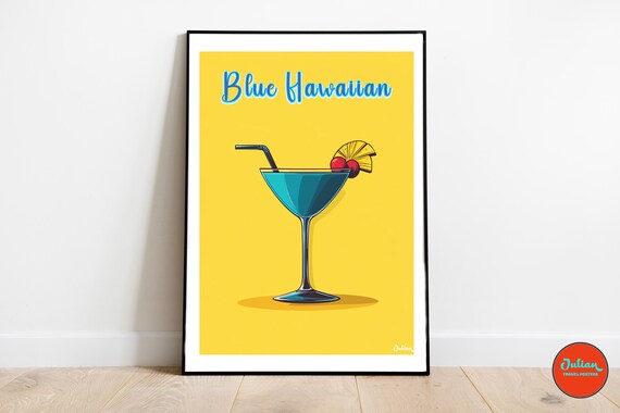 Blue Hawaiian Tropical Cocktail on Sunny Yellow Retro Bar Poster