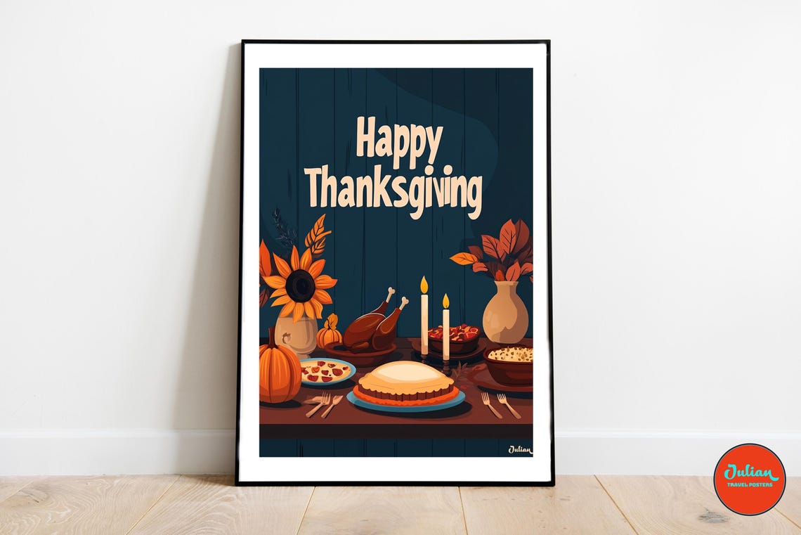 Happy Thanksgiving Candlelit Dinner Table Feast Illustration Poster