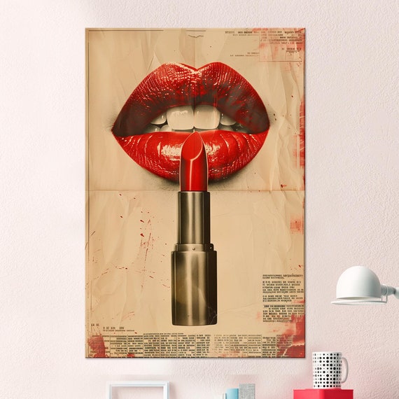Retro Red Lipstick Print Girly Wall Art Fashion Print Pin Up Style Beauty Makeup Wall Art Living Room Art Extra Large Wall Art
