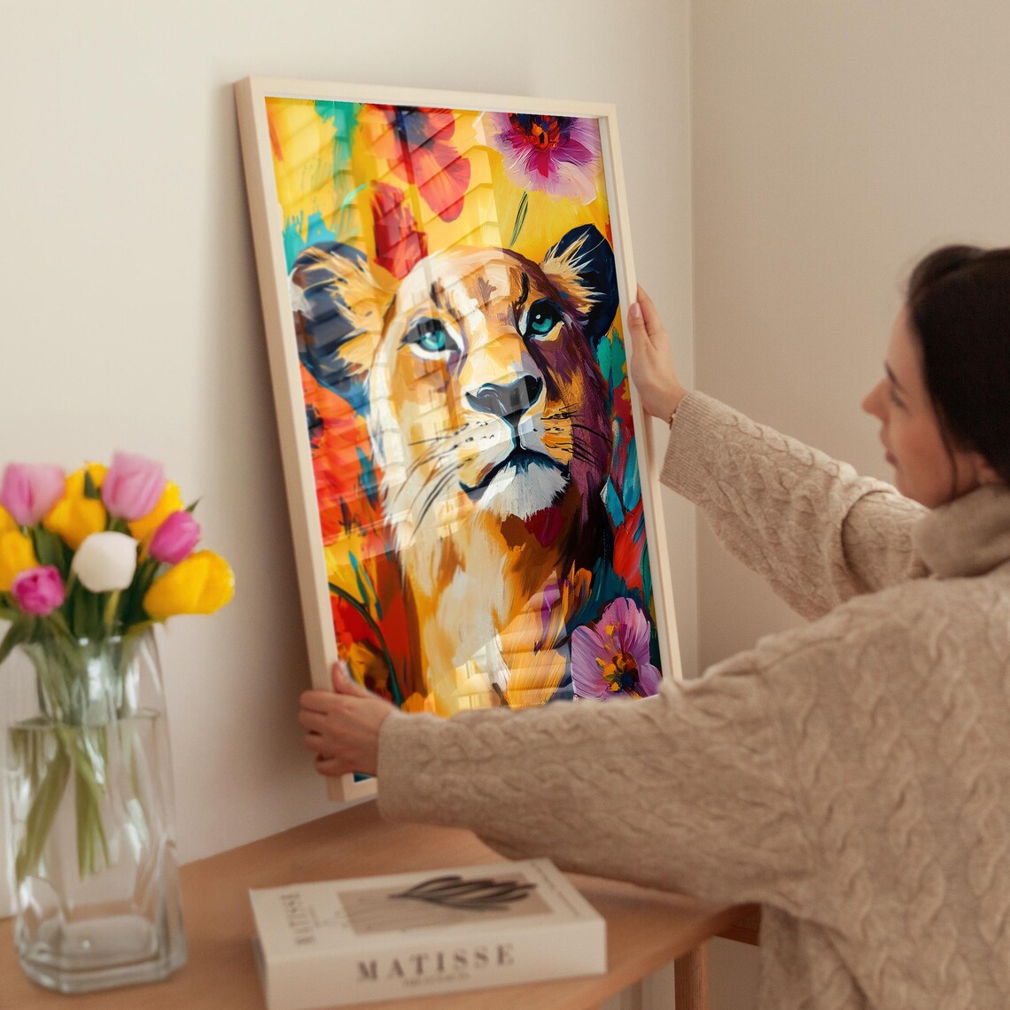 Lioness Portrait in Bold Colorful Paint With Blooming Flowers Poster - Image 3