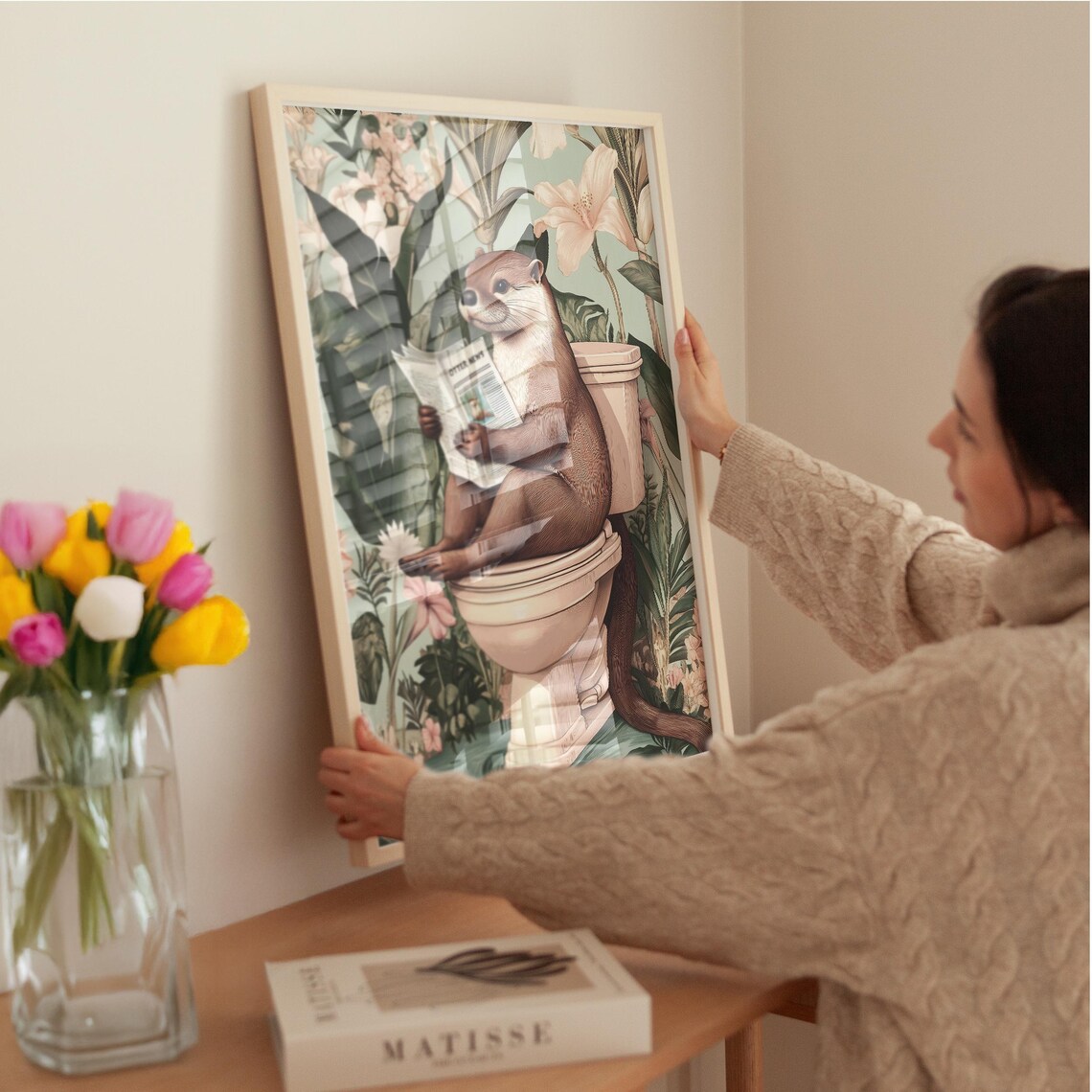 Cute Otter on a Toilet Reading Otter News Floral Bathroom Poster - Image 3
