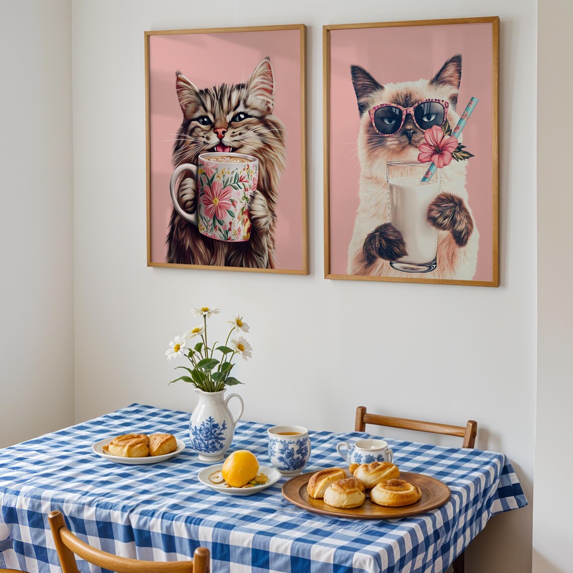Siamese Cat in Sunglasses Holding a Glass of Milk With Flowers Poster - Image 2