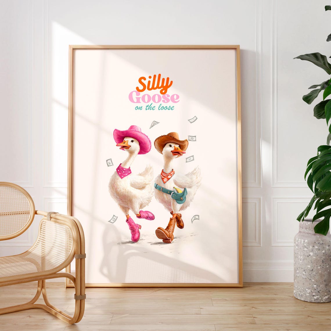 Silly Goose on the Loose Cowboy Duo Dancing Retro Western Poster - Image 2