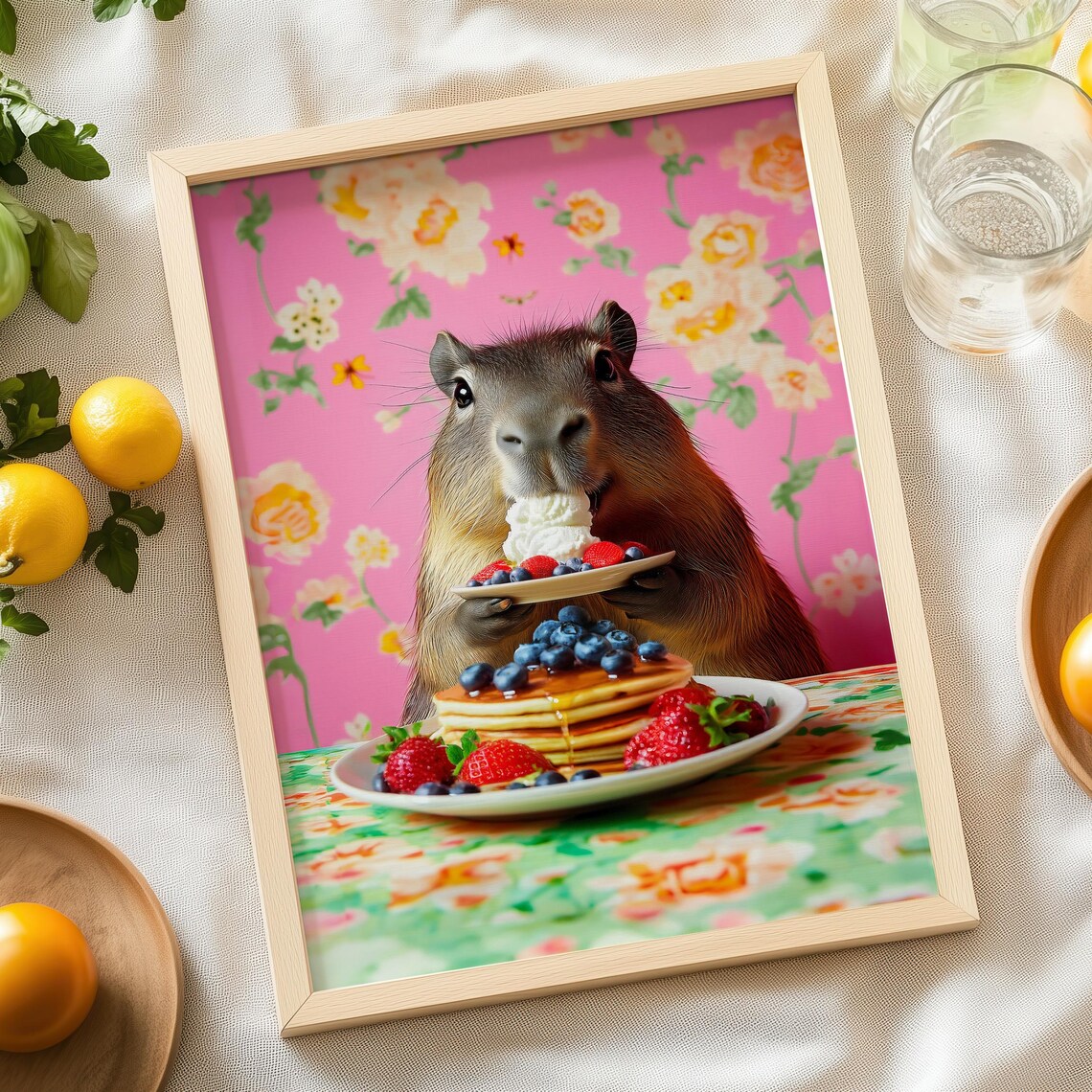 Cute Capybara Eating Pancakes Kitchen Wall Decor Maximalist Print Dopamine Wall Art Funny Kitchen Decor Humorous Housewarming Gift - Image 7