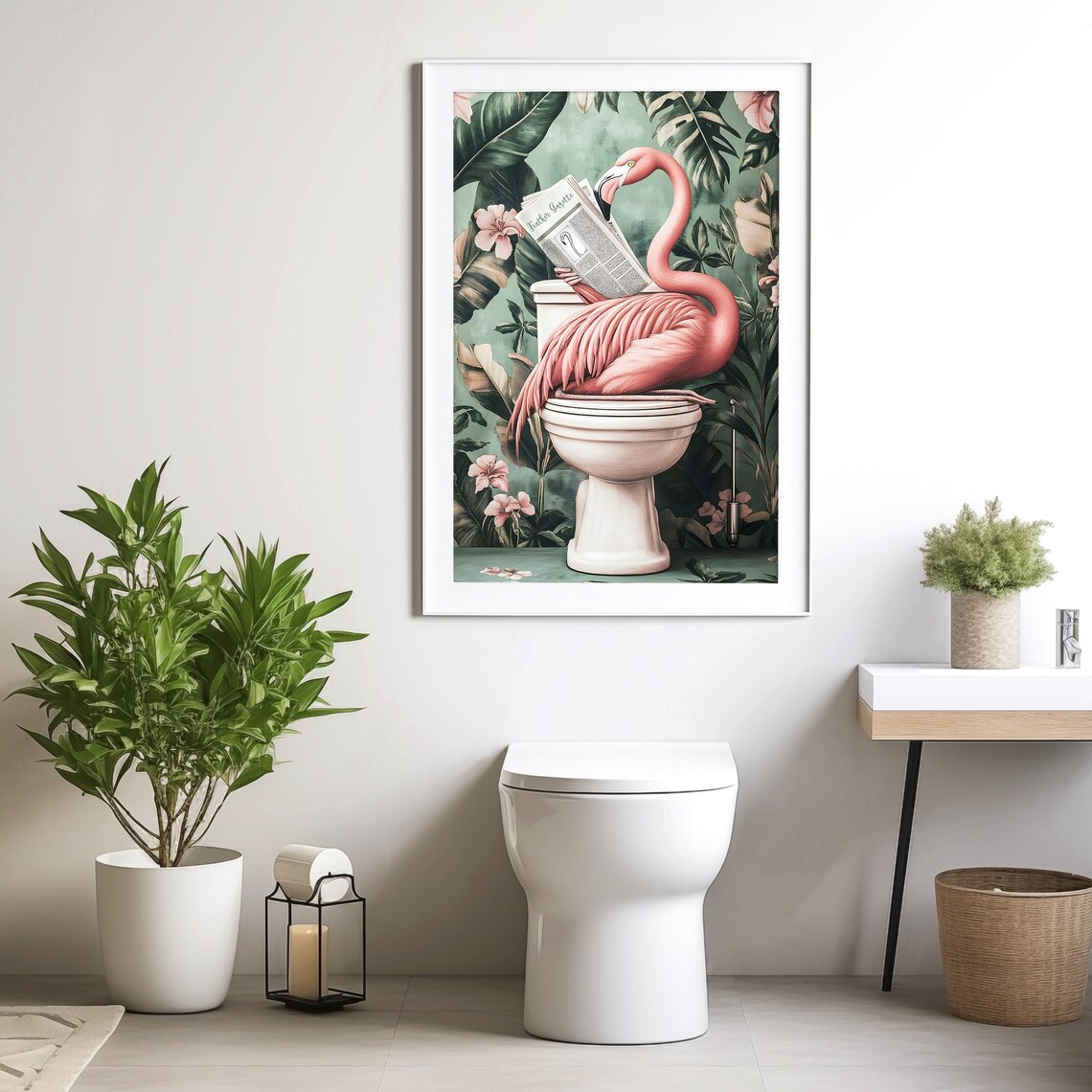 Flamingo on a Toilet Reading the Feather Gazette Bathroom Poster - Image 4