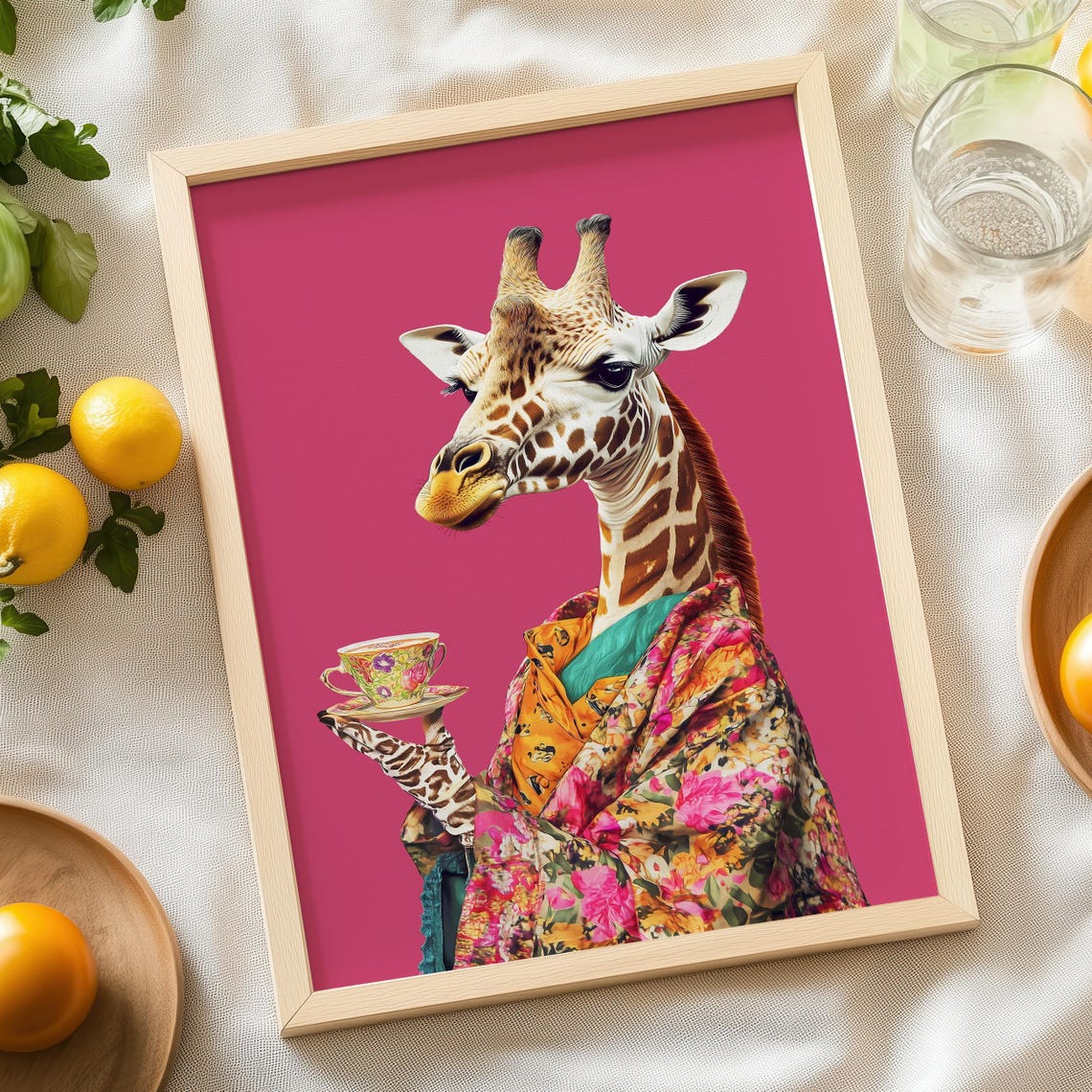 Giraffe In Floral Kimono Holding A Tea Cup On Hot Pink Poster - Image 6