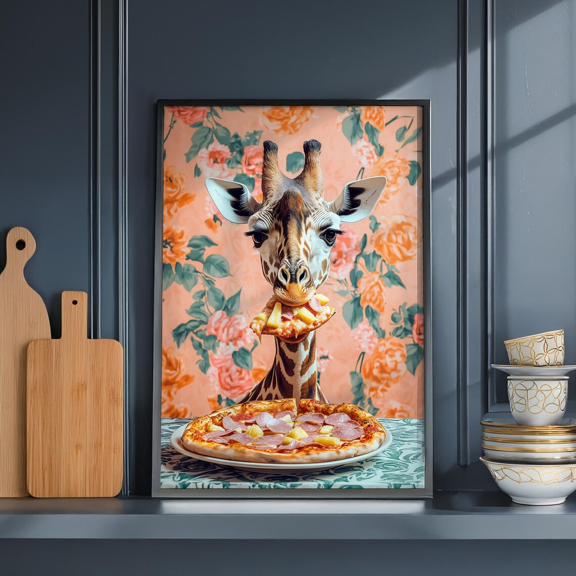Giraffe Eating a Slice of Pepperoni Pizza Floral Kitchen Poster - Image 5