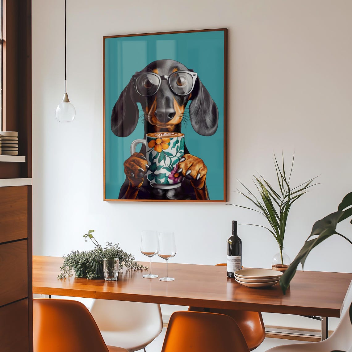 Dachshund Wearing Glasses Holding Floral Coffee Mug On Teal Poster - Image 4