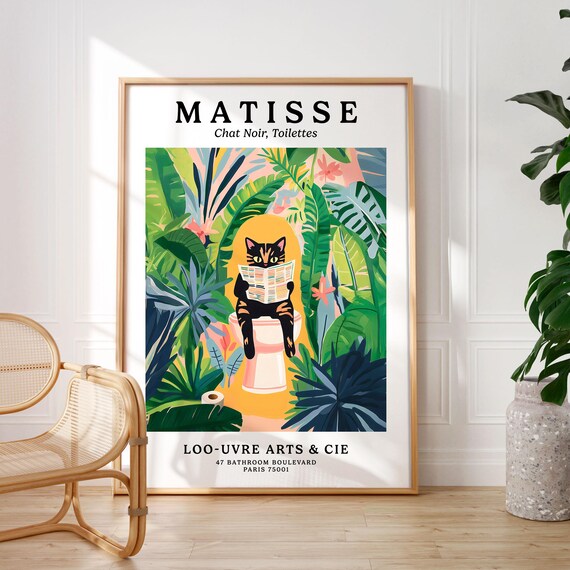 Matisse Style Black Cat Reading on a Pink Toilet Parody Art Poster