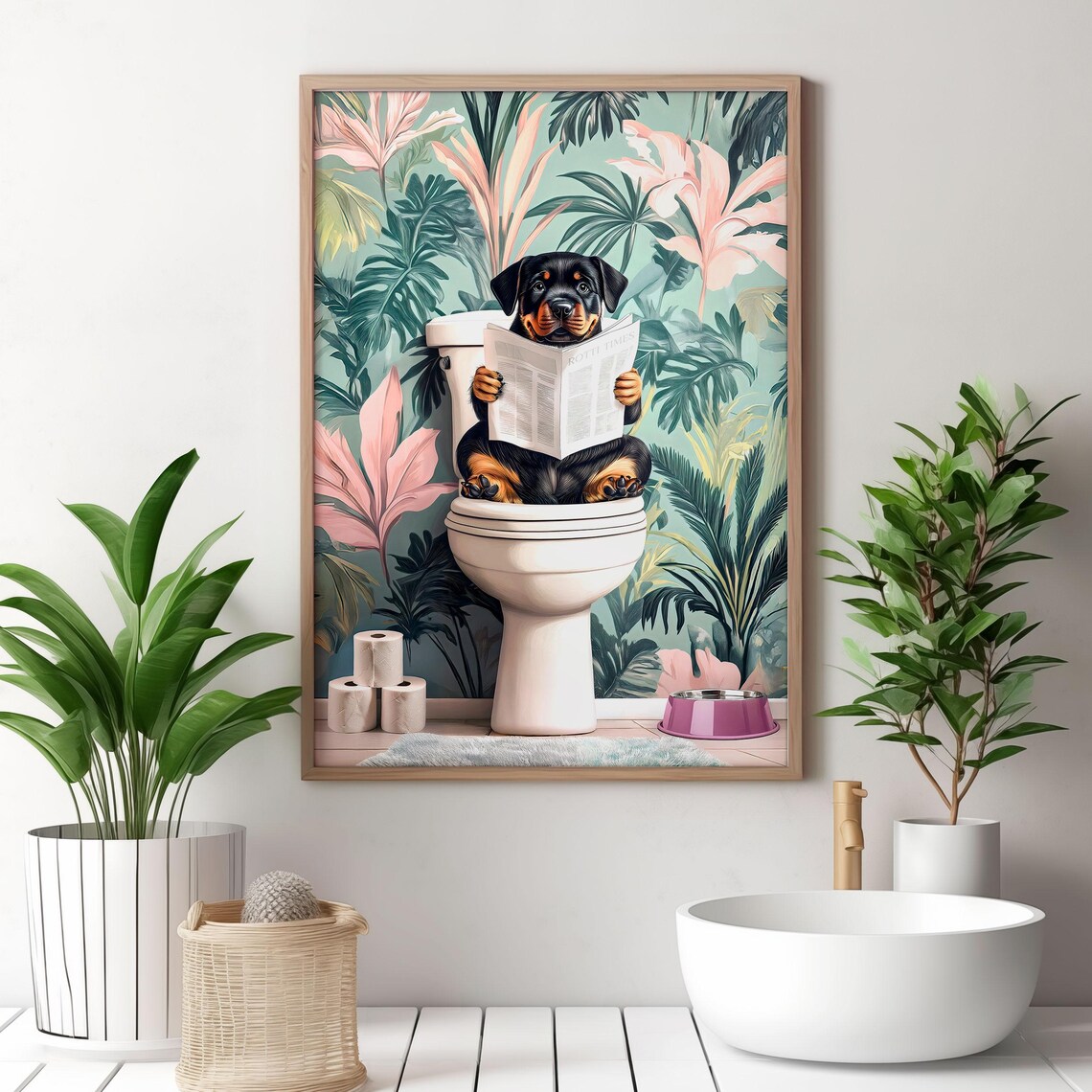 Rottweiler Puppy Reading the Paper on a Toilet Floral Poster - Image 3