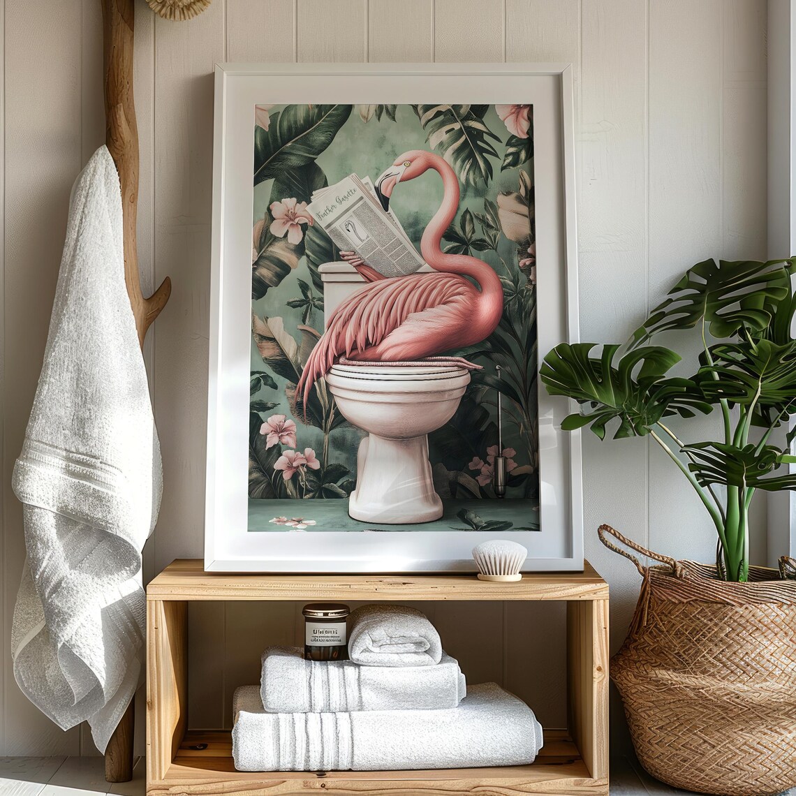 Flamingo on a Toilet Reading the Feather Gazette Bathroom Poster - Image 7