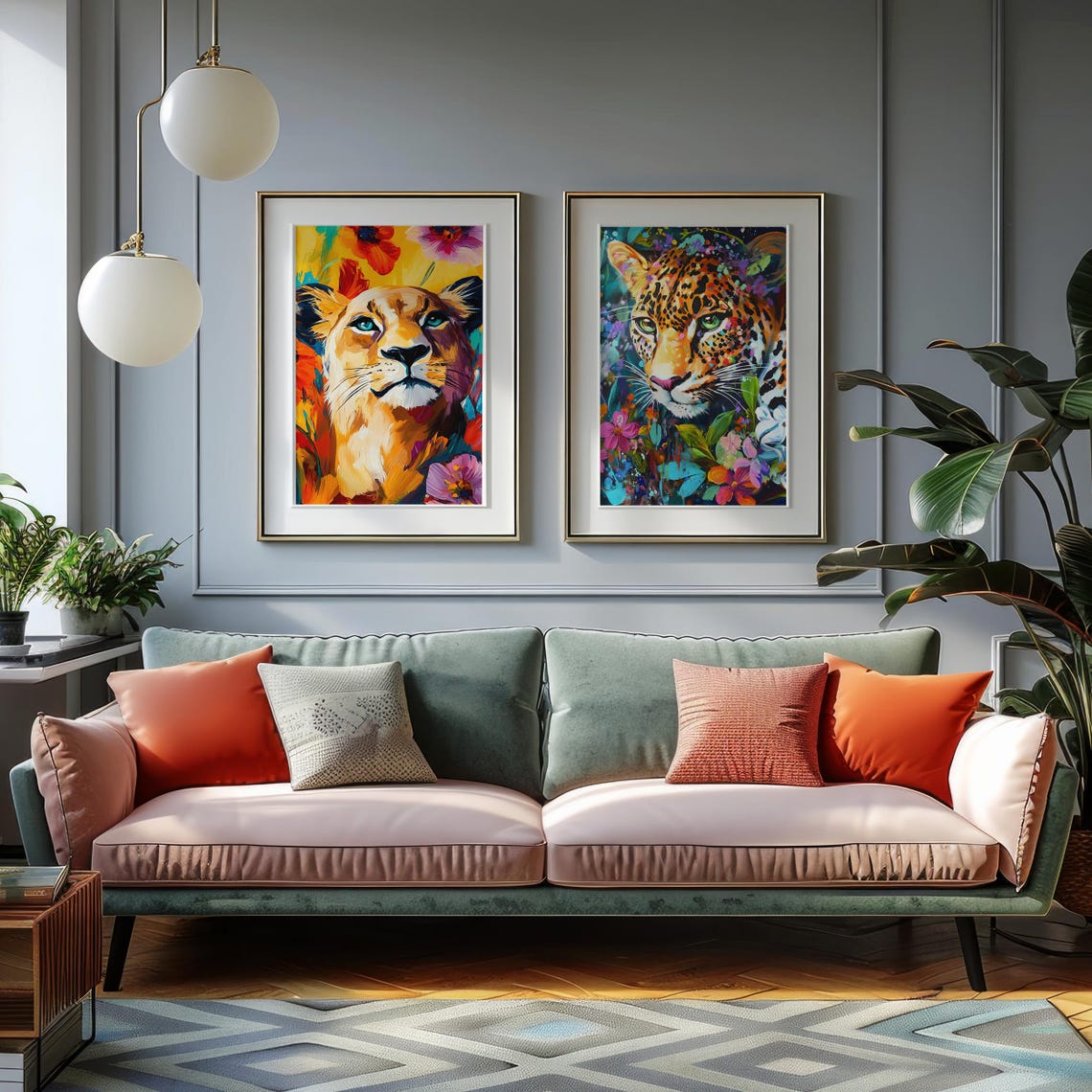 Lioness Portrait in Bold Colorful Paint With Blooming Flowers Poster - Image 5