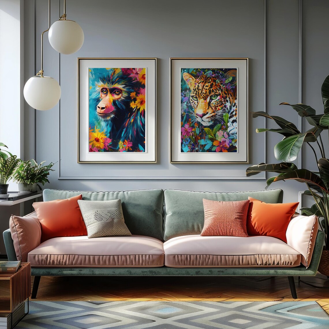 Baboon Portrait in Bold Colorful Paint With Blooming Flowers Poster - Image 5