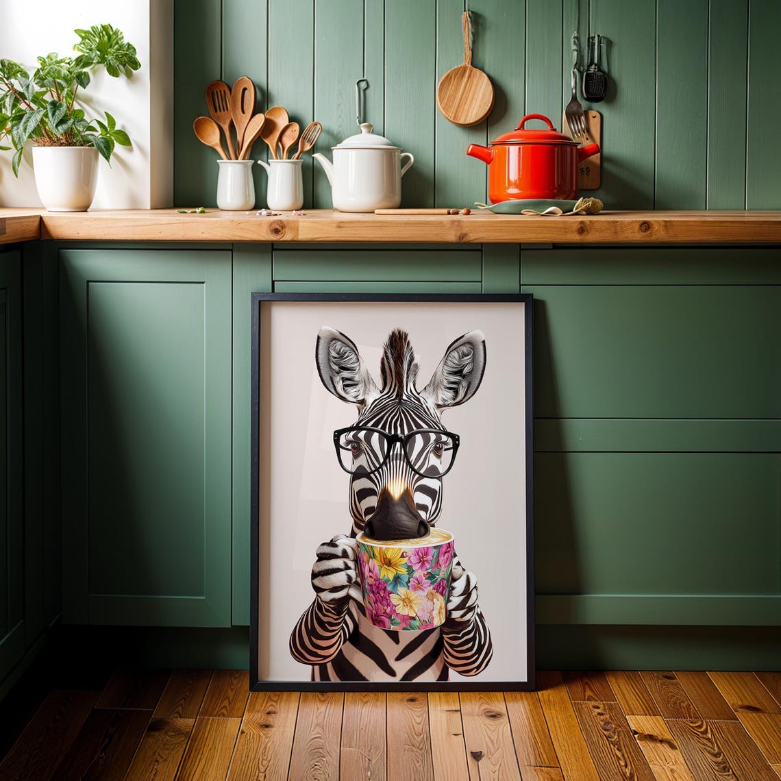 Zebra With Glasses Drinking Coffee From a Mug on a Pink Kitchen Poster - Image 3