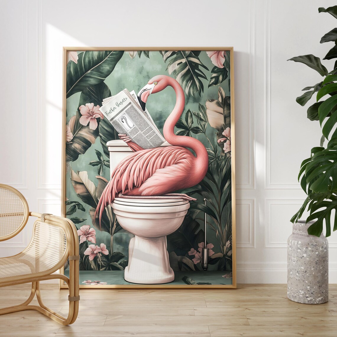 Flamingo on a Toilet Reading the Feather Gazette Bathroom Poster