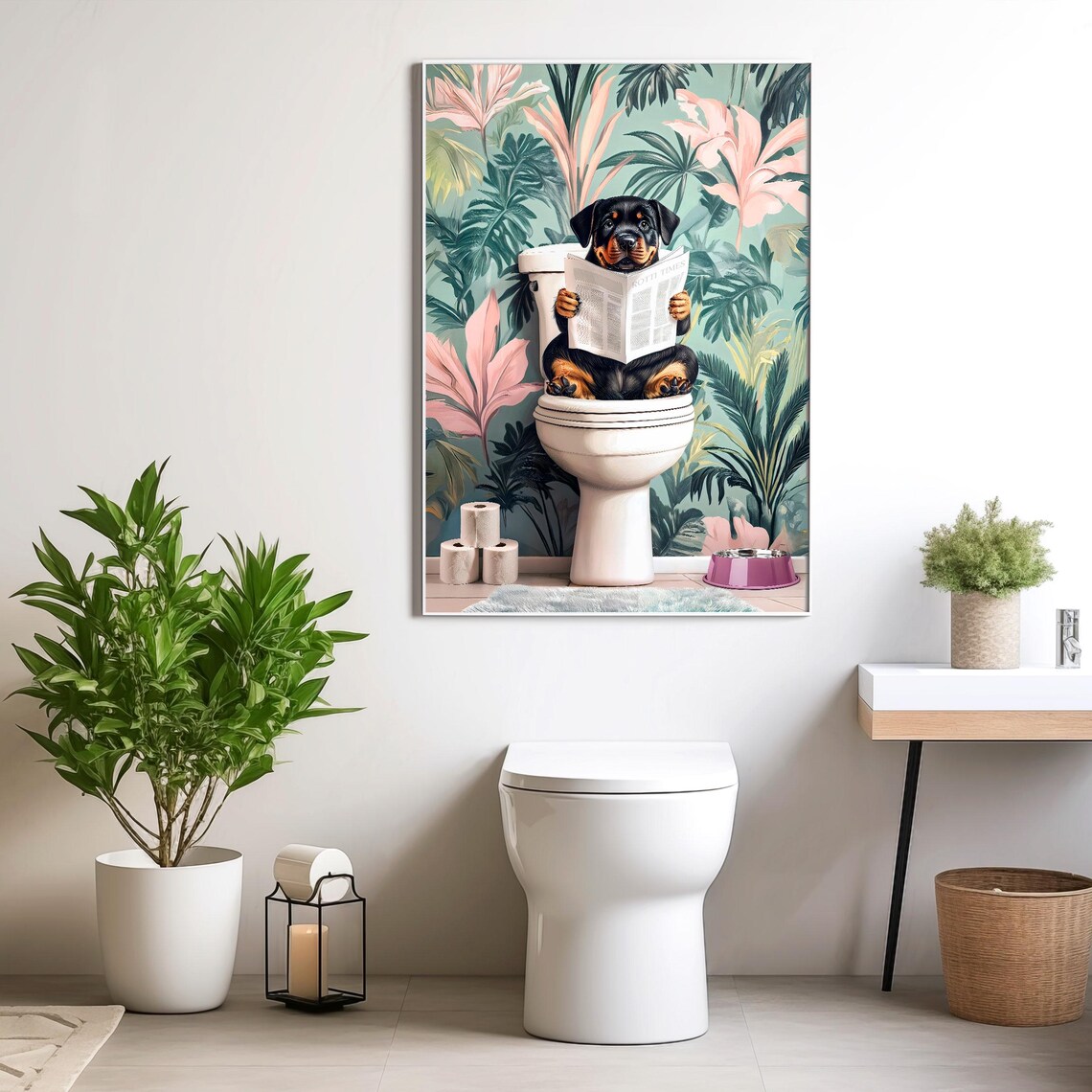 Rottweiler Puppy Reading the Paper on a Toilet Floral Poster - Image 4