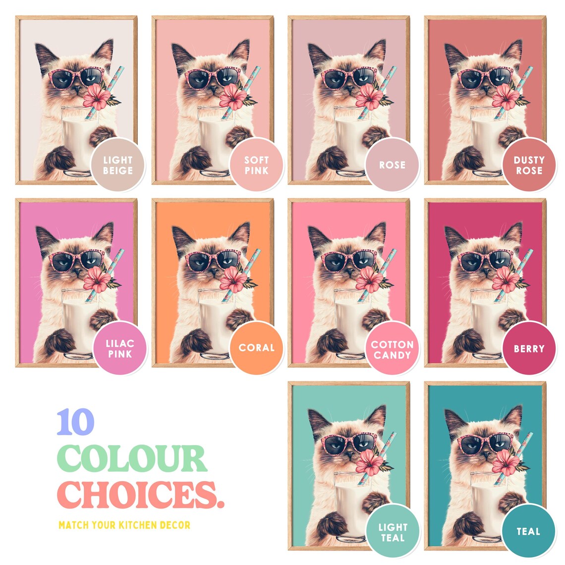 Siamese Cat in Sunglasses Holding a Glass of Milk With Flowers Poster - Image 5