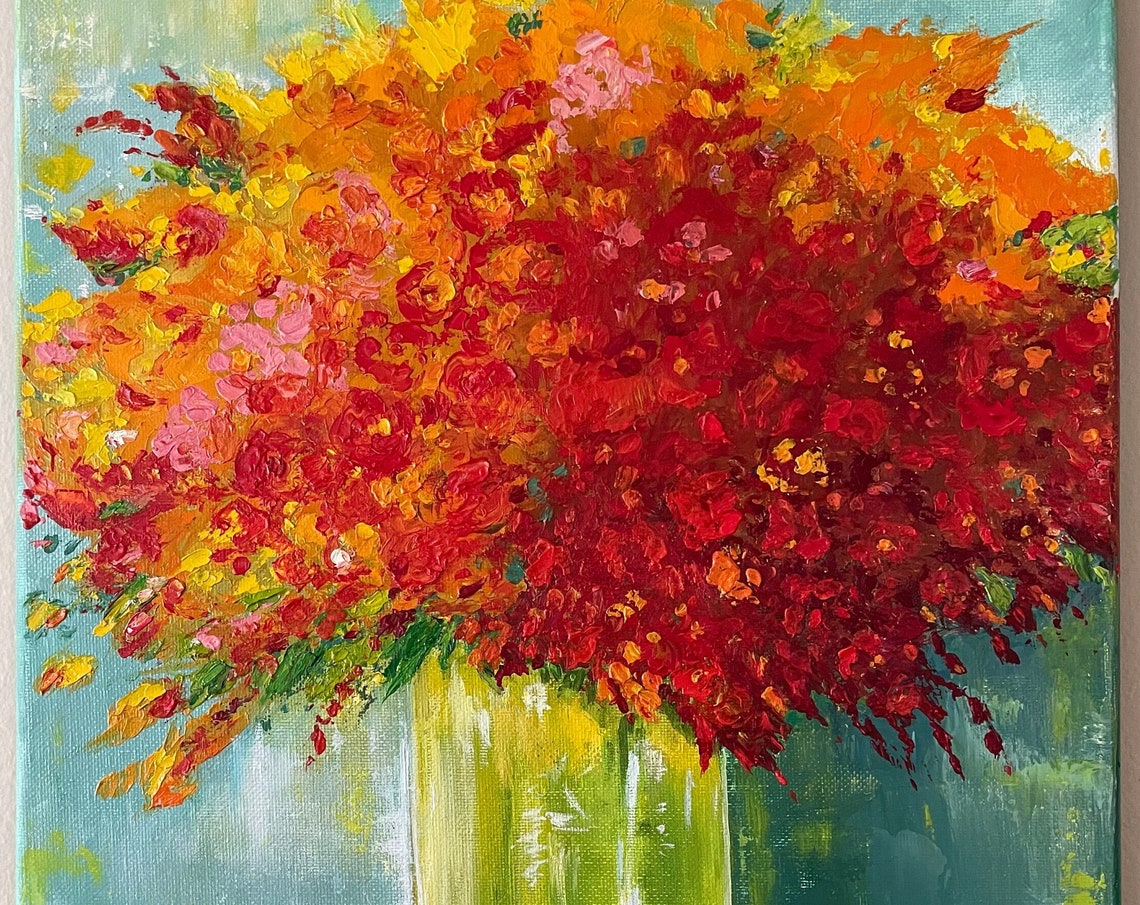 Wildflowers In A Vase Original Handmade Oil Painting On Red Orange Yellow Abstract Wildflowers Painting Mandarins Painting Gift