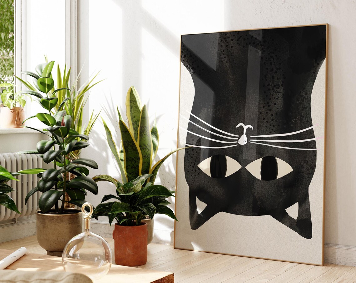 Black Cat Watercolor Wall Art, Abstract Cat Print