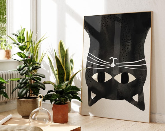 Black Cat Watercolor Wall Art, Abstract Cat Print