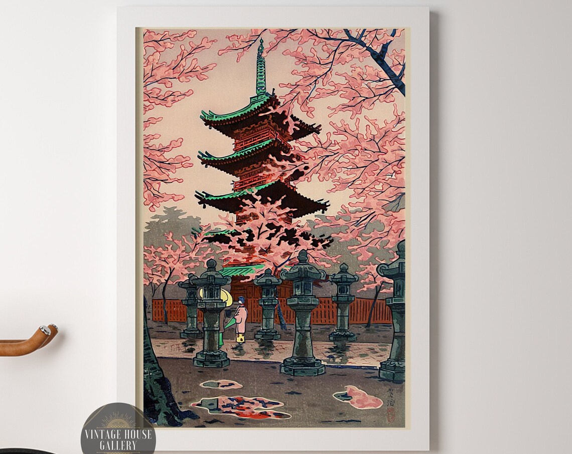 Ueno Toshogu Pagoda Kasamatsu Shiro Cherry Blossom Woodblock Poster