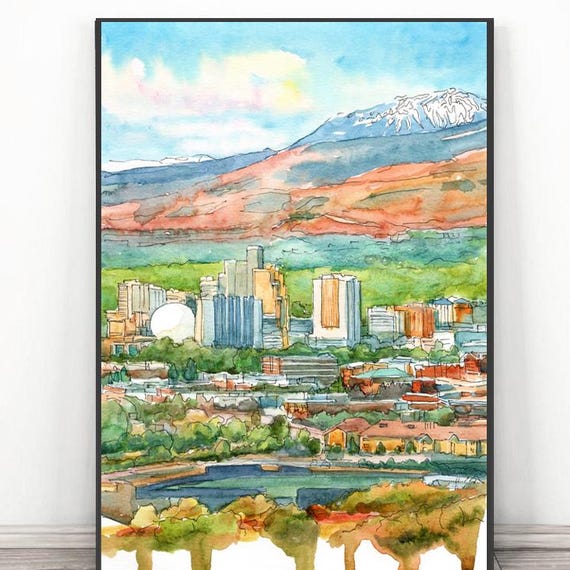 Reno Nv Art Print Skyline Nevada Wall Cityscape Watercolor Painting City Landscape