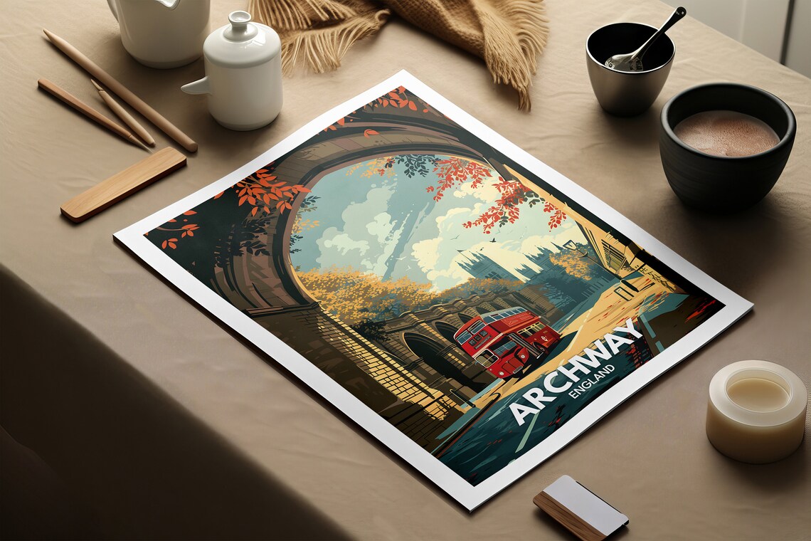 Archway London Travel Poster Gothic Arch Red Bus Vintage Street - Image 2