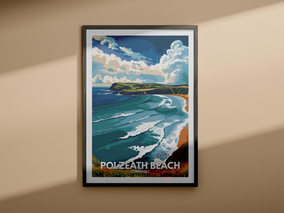 Polzeath Beach Cornwall Surf Waves Headland Coastline Poster - Image 4