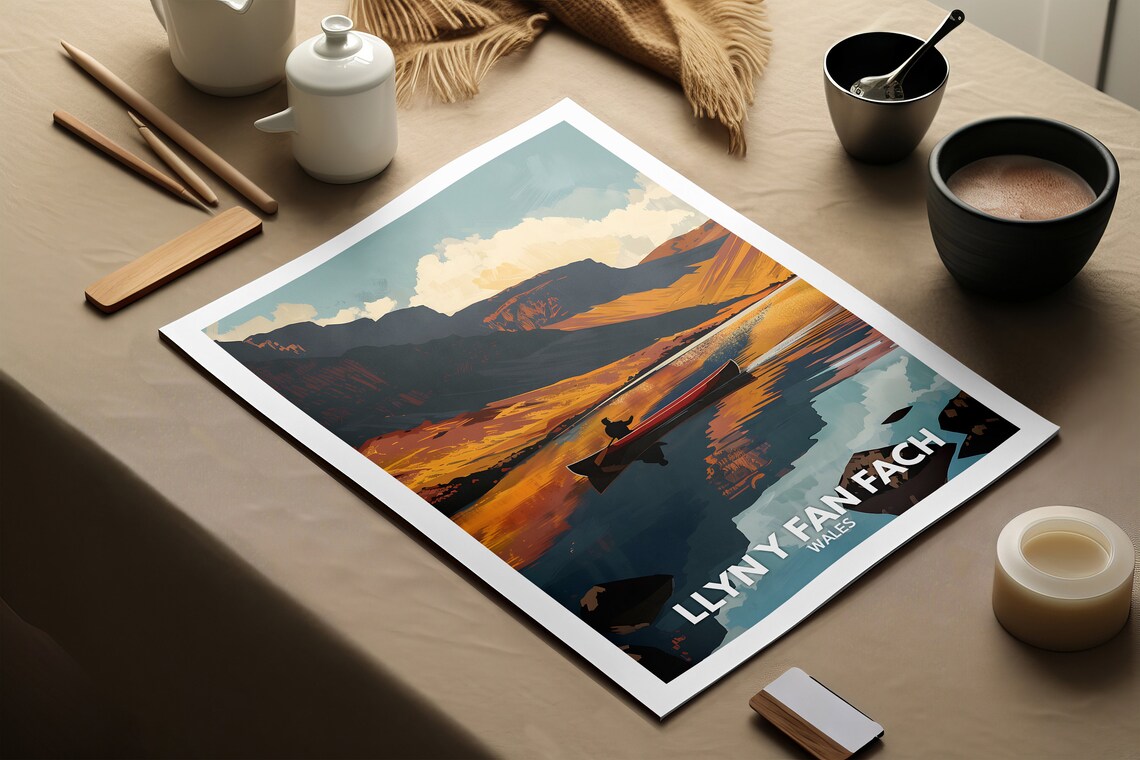 Llyn Y Fan Fach Wales Lake Canoe Mountain Sunset Reflection Poster - Image 2