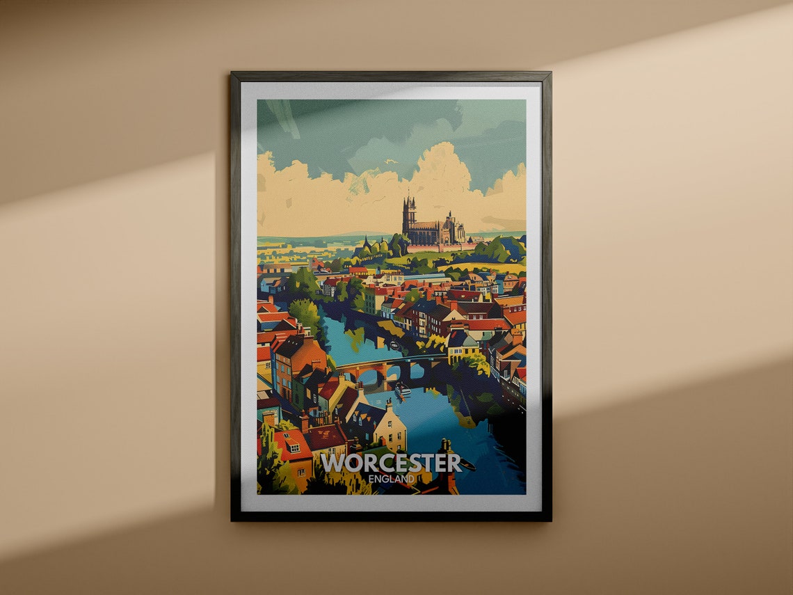 Worcester England Travel Poster Cathedral Riverside Historic View - Image 4