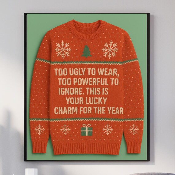 Funny Christmas Wall Art Ugly Sweater Holiday Decor Lucky Charm Gift Red Quote Poster Instant