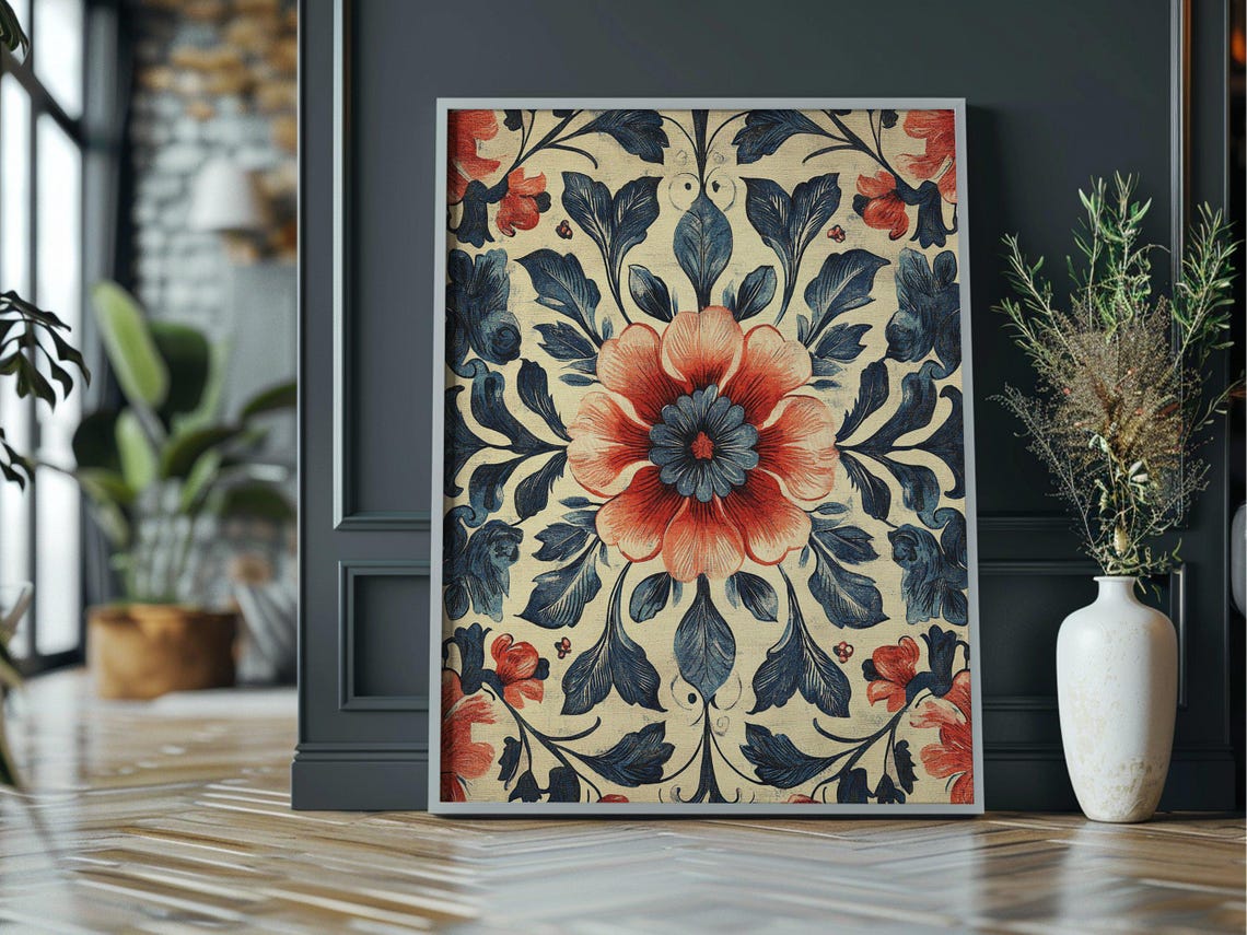 Vintage Floral Medallion Rustic Red Blue Damask Textile Wall Art - Image 3