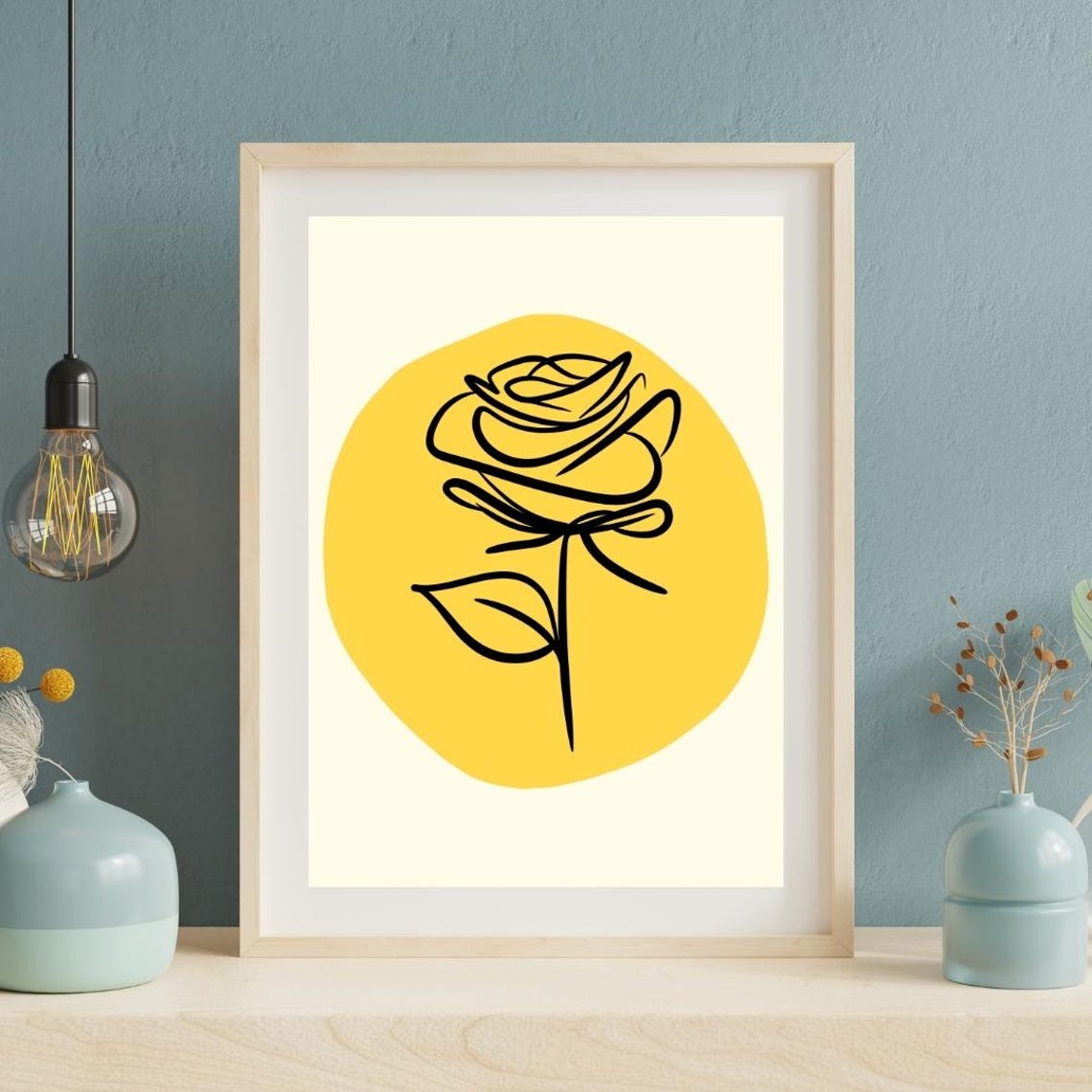 Minimalist Rose Line Art Bold Yellow Circle Modern Boho Poster