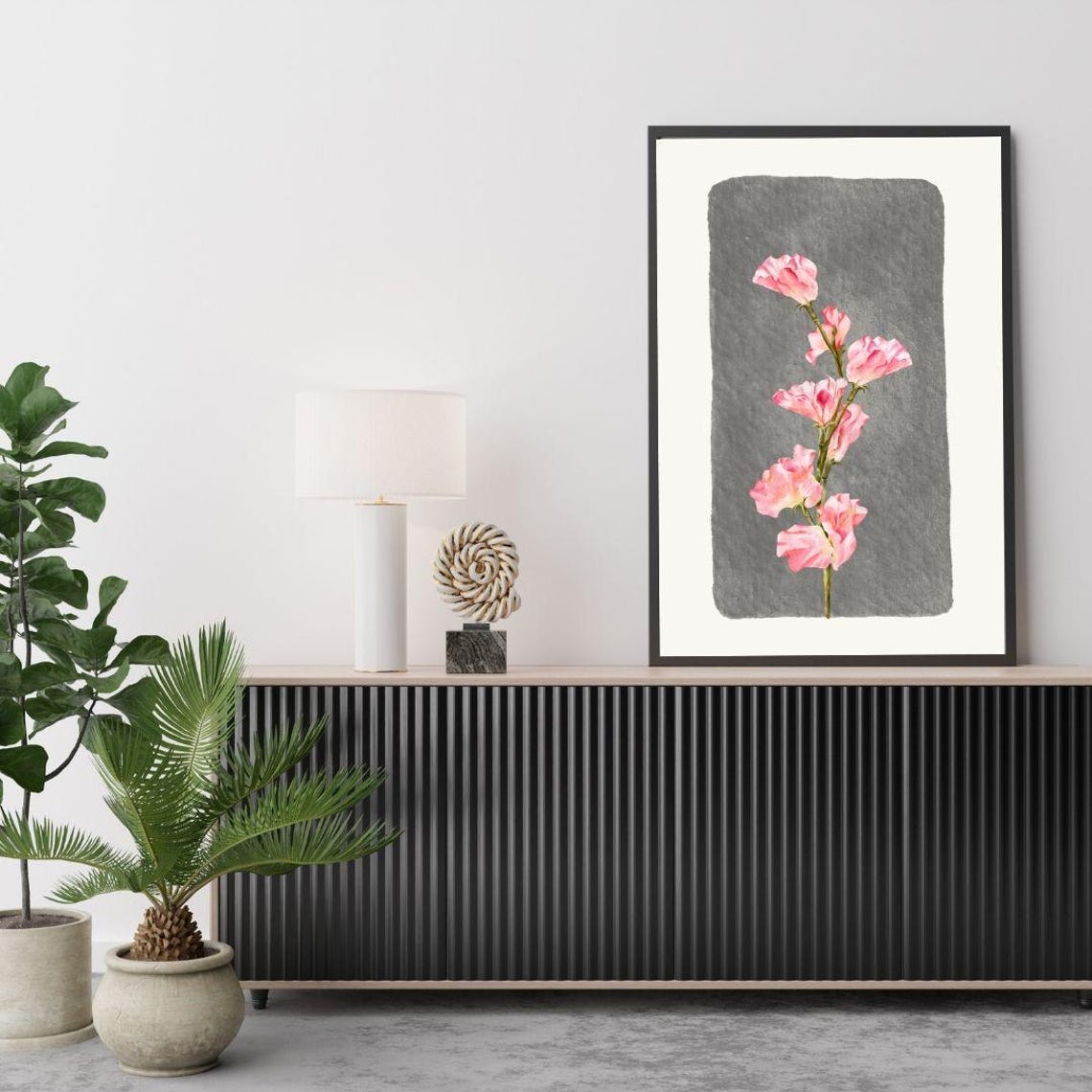 Pink Sweet Pea Blossoms On Gray Watercolor Floral Art Poster