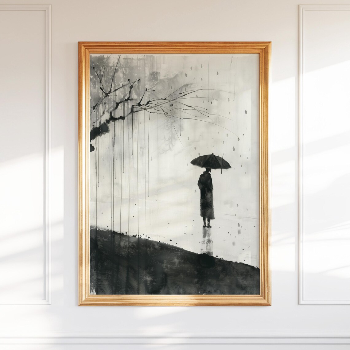 Rainy Day Umbrella Figure Minimalist Ink Wash Painting Poster