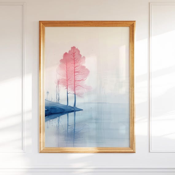 Zen Nature Wall Art Lake Tree Poster Landscape Gift For Her Minimalist Tranquil Room Decor Print