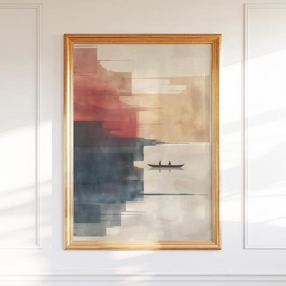 Abstract River Boat Wall Art Sunset Gradient Zen Landscape Print Modern Minimalist Painting Asian Inspired Decor