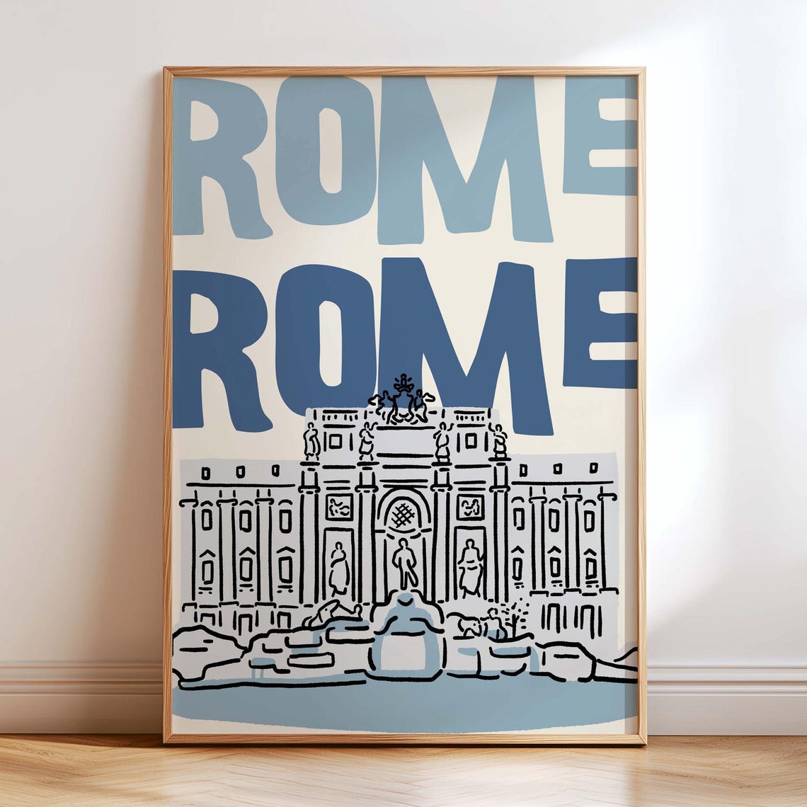 Rome Blue Typography Trevi Fountain Line Drawing Wall Poster