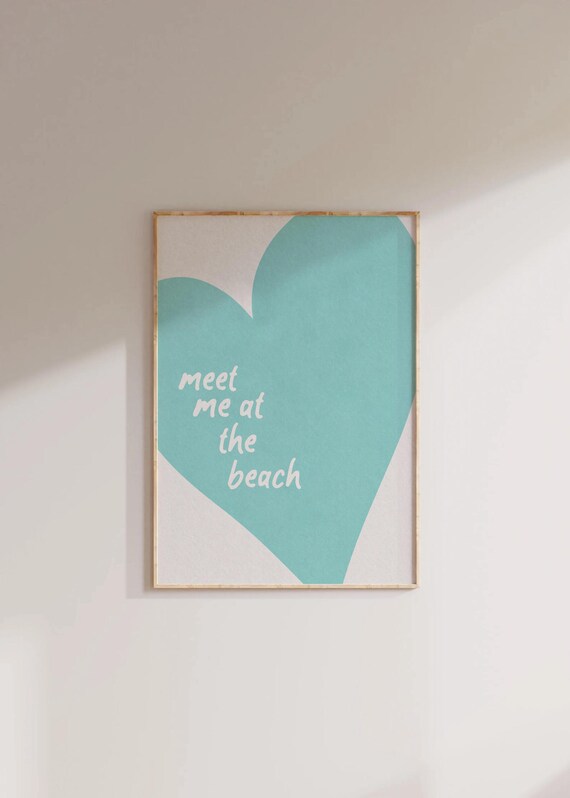 Meet Me At The Beach Poster Teal Heart Script Minimal Coastal Decor