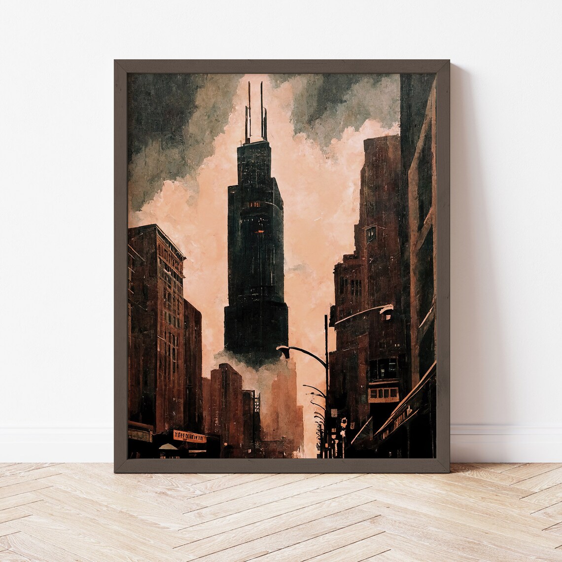 Willis Tower, Chicago Illinois Vintage Oil Painting Print - Image 2