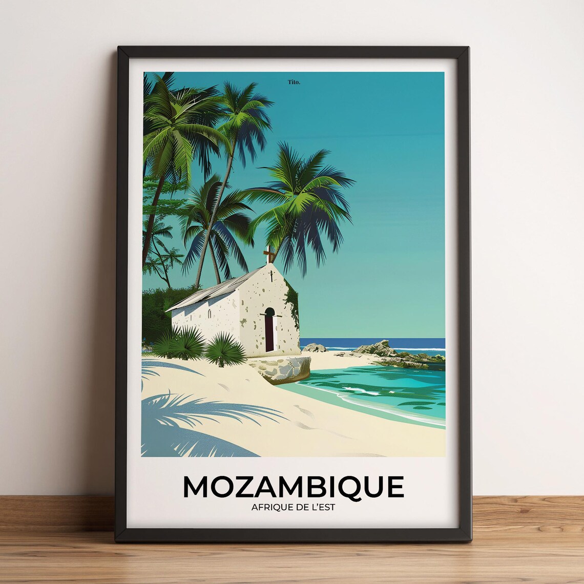 Mozambique Beach Chapel Palm Island Tropical Vintage Travel Poster