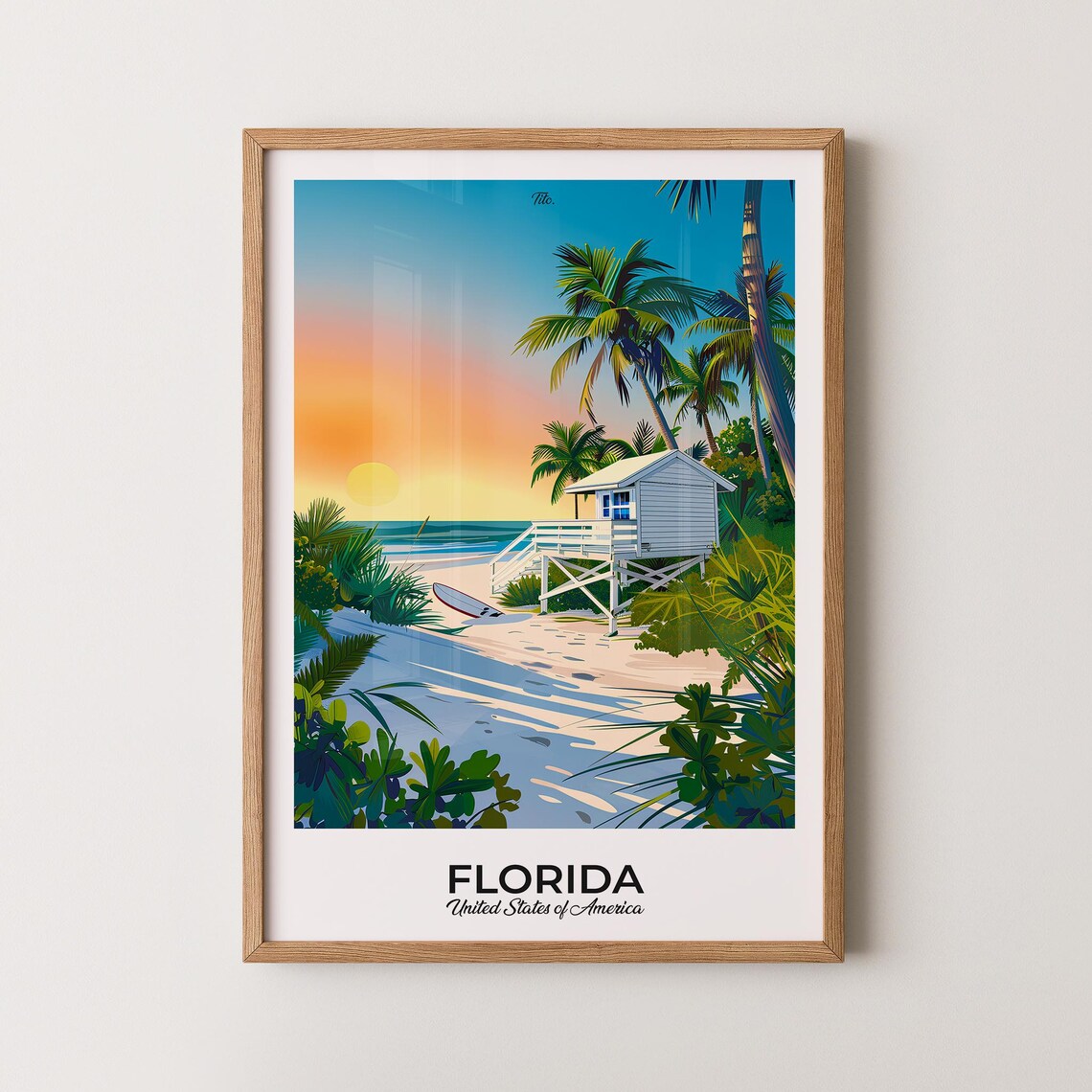 Florida Beach Lifeguard Stand Sunset Palm Trees Travel Poster